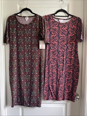 Bundle of 2 LuLaRoe Julia Dresses - floral in Burgundy, Coral XS